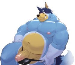 2024 absurd_res anthro areola australian_cattle_dog bandit_heeler barazoku belly biceps big_belly big_muscles big_penis bluey_(series) blush bodily_fluids bulge canid canine canis cattledog clothed clothing clothing_aside domestic_dog dripping erection eyebrows foreskin fur genital_fluids genitals glans herding_dog hi_res humanoid_genitalia humanoid_penis kajin-sama kemono looking_at_genitalia looking_at_own_penis looking_at_penis looking_at_self looking_down male male_only mammal musclegut muscular muscular_anthro muscular_male narrowed_eyes navel nipples overweight overweight_anthro overweight_male pastoral_dog pecs penis precum precum_drip simple_background sitting smile solo teeth thong thong_aside topless topless_anthro topless_male tuft underwear underwear_aside vein white_background