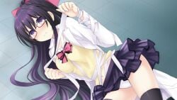 belly_button big_breasts black_thighhighs blush breasts closed_mouth coat date_a_live embarrassed game_cg glasses hair_ribbon long_hair official_art on_the_floor panties purple_eyes purple_hair shiny_skin skirt skirt_lift thighhighs thighs tsunako white_panties yatogami_tohka zettai_ryouiki