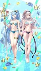 2girls 6nutqd2kwd0iqcl absurdres alternate_costume alternate_hairstyle azura_(fire_emblem) barefoot bikini blue_bikini blue_hair blue_swimsuit breasts corrin_(female)_(fire_emblem) corrin_(female)_(fire_emblem)_(cosplay) corrin_(fire_emblem) cosplay feet female female_only fire_emblem fire_emblem_cipher fire_emblem_fates fish hair_between_eyes highres holding_hands large_breasts long_hair medium_breasts multiple_girls navel nintendo official_alternate_costume official_style shell shell_bikini swimsuit toes very_long_hair yellow_eyes