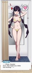 1girls barefoot bikini black_hair blue_eyes blue_nails breasts character_name cleavage contrapposto creatures_(company) curtains dressing_room elesa_(pokemon) elesa_(pokemon_bw2) english_text feet full_body game_freak gym_leader hand_behind_head hand_on_hip headphones heart hi_res kohatsuka long_hair looking_at_viewer medium_breasts micro_bikini mirror nail_polish navel nintendo open_mouth painted_nails pokemon pokemon_bw2 pokemon_masters pose red_nails solo spoken_heart standing swimsuit talking_to_viewer text text_box thigh_gap underboob variant_set yellow_bikini