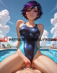 1girls ai_generated asian asian_female big_hero_6 big_hero_6:_the_series blue_hair blush boosty boosty_username competition_swimsuit cowgirl_position disney fucked fucking gogo_tomago looking_at_viewer looking_pleasured marvel one-piece_swimsuit partial_male patreon purple_eyes purple_hair_streaks pussy sex sexy slyndor stable_diffusion superheroine swimming_pool swimsuit uncensored