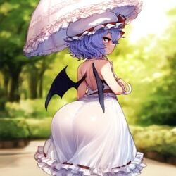 ai_generated ass bat_wings behind_view big_ass hat mochipawg outdoors outside purple_hair red_eyes remilia_scarlet smile touhou umbrella white_dress