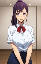 ai_generated asian asian_female huge_breasts large_breasts light-skinned_female light_skin looking_at_viewer lovehuwu ponytail purple_eyes purple_hair school_uniform schoolgirl solo_female solo_leveling sung_jin_ah voluptuous voluptuous_female