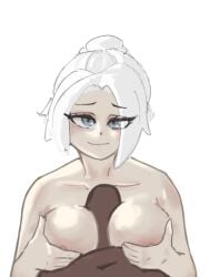 1boy 1girls artist_request big_breasts blue_eyes breasts breasts_focus closed_mouth color female female_focus grey_background hetero human human_only jett_(valorant) light_skin looking_at_viewer male male_pov naked naked_female naked_male nipples open_eyes paizuri penis pink_nipples pixiv_link pov riot_games smile straight valorant white_background white_hair