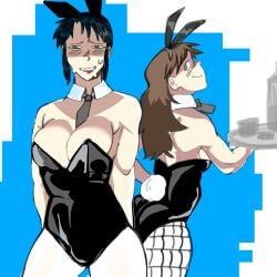 2girls absurd_res absurd_resolution absurdres ass azumanga_daiou big_breasts black_hair blue_hair blush blush_lines blushing breasts brown_hair bunny_costume bunny_ears bunny_girl bunnysuit busty cleavage curvaceous curvy curvy_female curvy_figure duo duo_focus female female_focus female_only fishnet_legwear fishnets hi_res high_resolution highres large_breasts light-skinned_female light_skin lipstick nyamo_minamo_kurosawa playboy_bunny red_lipstick rhoobzzz sidelocks simple_background smile smiling tagme thick_thighs thighs tie tie_between_breasts voluptuous voluptuous_female yukari_tanizaki