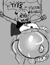 2d_(artwork) ass_bigger_than_head ass_expansion belly_expansion big_belly black_and_white black_iris breast_expansion breasts_bigger_than_head dialogue fattening force_feeding handcuffs huge_belly machine nipple_bulge overflowing_breasts sharp_teeth short_hair shorts sketch sloshing_belly succubus succubus_horns succubus_wings t-shirt thegreenthief weight_gain