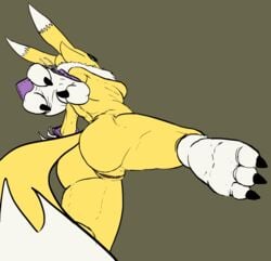 1girls anthro armwear ass big_ass breasts bridal_gauntlets canine clothing digimon feet female female_only fox fur furry furry_only gregzhel mammal naked nude pussy renamon sideboob solo tail thick_thighs white_fur yellow_fur