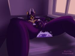 4:3 american_black_bear anhu_miguno anthro anus balls bath bathtub bear black_bear bodily_fluids bubble_bath fur genital_fluids genitals hair hi_res horn leaking_precum male mammal markings masturbation nipples penis precum purple_body purple_fur purple_hair saliva saliva_string solo stroking_penis tongue tongue_out ursine waffle_fragavacci_(artist) yellow_markings