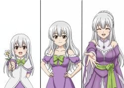 aged_up all_grown_up dress elf flower grown_up half_elf hand_outstretched holding_flower holding_object oc original_character princess purple_clothing re:zero_kara_hajimeru_isekai_seikatsu smile smiling_at_viewer tagme white_hair
