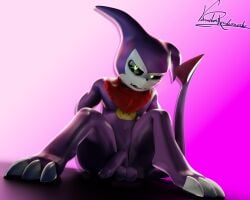 3d_(artwork) 5:4 angry anthro balls bandai_namco black_sclera blender_(artwork) blender_cycles_(artwork) chest_tattoo claws digimon digimon_(species) digital_media_(artwork) flaccid foreskin genitals glowing glowing_eyes gradient_background green_eyes hi_res humanoid_genitalia humanoid_penis impmon kerchief male neckerchief neckwear open_mouth penis purple_background saggy_balls signature simple_background sitting solo spread_legs spreading tail tattoo vermilionrenderworks