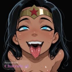 1girl ahegao_face ai_assisted ai_generated black_hair blue_eyes dark_skin dc_comics detailed_face high_angle huge_eyes large_breast long_hair looking_at_viewer naked petite_breasts small_breasts smile upper_body visible_breasts visible_nipples wonder_woman