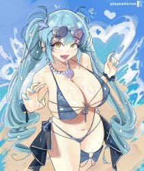 aqua_hair beach bikini goddess_of_victory:_nikke harnok heart_sunglasses heart_symbol huge_breasts huge_thighs navel nipple_bulge painted_nails privaty_(nikke) seal sunglasses sunglasses_on_head thick_thighs twintails wide_hips