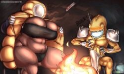 1boy 1girls 2026 anthro armor big_breasts bikini black_clothing blush breasts breasts_out campfire commission dark-skinned_female dark_skin drifter_(risk_of_rain) elder_lemurian erection erection_under_clothing female gameplay_mechanics helmet hi_res jacket lemurian male male/female orange_clothing risk_of_rain risk_of_rain_2 scalie sitting slightly_chubby slightly_chubby_female surprised thick_thighs thighs yellow_body yellow_skin