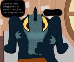 alligator anthro bea_(nitw) bisexual black_fur brown_eyes crocodilian cunnilingus eye_contact feline female fur madevich mae_(nitw) male mammal night_in_the_woods oral reptile scalie sex vaginal_penetration yuri