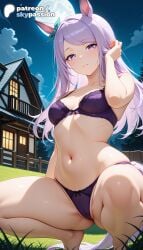 1girls 2026 ai_assisted ai_generated animal_ears anime boobs bra breasts building bust city_lights cloud hi_res high_quality high_resolution highres long_hair mejiro_mcqueen_(umamusume) moonlight navel night night_sky panties patreon patreon_username purple_bra purple_eyes purple_hair sky skypassion squatting stable_diffusion tits umamusume umamusume_pretty_derby underwear watermark
