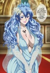 ai ai_art ai_generated akame_ga_kill! blue_eyes blue_hair dialogue dress english english_dialogue english_text esdeath_(akame_ga_kill!) flower_in_hair large_breasts light_persona lipstick long_hair mispelling purification talking_to_viewer tattoo tattoo_on_chest