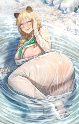 1girl absurdres animal_ears areola_slip ass bear_ears bear_girl blonde_hair blue_eyes blush braid breasts cleavage cleavage_cutout clothing_cutout dress dryseaweed frigga_(last_origin) highres large_breasts last_origin long_hair looking_at_viewer open_mouth outdoors partially_submerged smile solo wet wet_clothes wet_dress white_dress