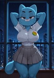 ai_assisted ai_generated animated animated_image anthro aroused bedroom behind blue body breasts cartoon city city_background claws cute eyes facing_viewer fluffy fur gif hands head holdsteady horny large large_breasts looking_at_viewer mp4 nicole_watterson night patreon patreon_username paws perfect_body seductive sexy shirt skirt smile standing tagme tail the_amazing_world_of_gumball tuft video voluptuous white window