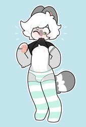 bulge clothed clothing clothing_lift feline fur girly green_eyes grey_fur hair legwear male mammal one_eye_closed panties pawpads qtipps shirt shirt_lift solo standing stockings underwear white_fur white_hair wink