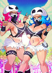 2girls \m/ alolan_exeggutor alolan_form armpits bandana bandana_over_mouth bare_shoulders belly blue_eyes blue_hair blue_nails breasts cabbie_hat cap chain_necklace cleavage covered_breasts dark-skinned_female dark_skin denim denim_shorts exeggutor female female_only female_team_skull_grunt goth_slut hat high_resolution hips homer_simpson huge_breasts human jewelry large_breasts leaf legs long_hair midriff multiple_girls nail_polish navel navel_piercing necklace nintendo no_bra panties pantsu piercing pink_eyes pink_hair pink_nails plant pokemon pokemon_sm rapp_(pokemon) ring shadman shadman_universe_homer short_shorts shorts sideboob skull_necklace skull_ring slit_pupils sweat sweaty_armpits tank_top tanlines tanned team_skull team_skull_grunt team_skull_grunt_(female) text the_simpsons thighs thong thong_above_shorts thong_straps underwear voluptuous