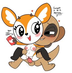 balls bodily_fluids brown_body female hand_on_face holding_object meerkat nude penis shortstack