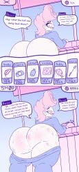 1boy ass big_ass big_butt bloodmoney blush blushing butt camera condom cum cum_in_ass cum_inside feather gay harvey_harvington hi_res human looking_at_viewer looking_back looking_pleasured lubricant male male/male open_mouth paddle pink_hair pizzabro_(artist) riding_crop text text_box text_bubble