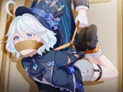 1girls ai_generated arms_tied_behind_back blue_eyes bondage bound_ankles carrying furina_(genshin_impact) gag gagged genshin_impact heterochromia hogtied tape_gag tophat unseen_character white_hair