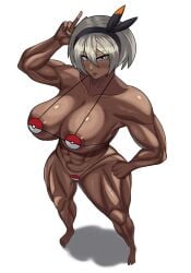 1girls abs bea_(pokemon) bikini blush female high-angle_view katsuboart muscular muscular_female muscular_thighs nintendo pokemon pokemon_ss string_bikini swimsuit thick_thighs