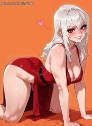 1girl 2026 ai_generated all_fours anime ass bangs bare_shoulders blush boobs breasts buttocks cleavage commando crossover dress eye_contact female female_focus flushed grin hair_between_eyes heart highres huge_breasts large_breasts long_hair looking_at_viewer makeup no_panties nsfw orange_background patreon patreon_username red_dress red_eyes rognezart sally_whitemane shiny_skin side_slit sleeveless sleeveless_dress smile smiling solo thick_thighs thighs very_long_hair warcraft white_hair world_of_warcraft