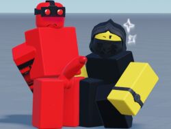2boys 3d blushing cloak_battler_(the_battle_bricks) clothed deleter_(the_battle_bricks) embarrassed gay naked red_body red_skin roblox showing_off the_battle_bricks tied_up tumore winking yellow_body yellow_skin