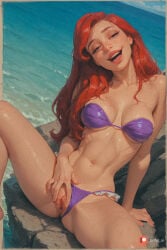 1girl ai_generated aisinful ariel ariel_(the_little_mermaid) artist_name ass beach big_ass big_boobs big_butt bikini bikini_aside bikini_tan blush breasts butt closed_eyes clothing_aside disney female hi_res horizon large_breasts lips long_hair medium_breasts navel ocean photo_(medium) pool poolside purple_bikini purple_bra pussy realistic red_hair sand sitting smile solo spread_legs swimsuit tan tanlines the_little_mermaid thick_thighs traditional_media water wide_hips