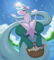 big_breasts breasts cleavage female furry huge_breasts pokemon pokemon_(species) serperior snackbunnii tagme thick_thighs wide_hips