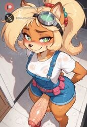 1futa ai_generated balls blonde_hair blush clothing cock coco_bandicoot crash_(series) dickgirl erection furry futa_only futanari green_eyes high-angle_view indoors light-skinned_futanari light_skin long_hair looking_at_viewer penis precum roxygtf small_breasts solo standing sweat sweating sweaty_body