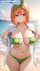 1girls 2026 ai_assisted ai_generated anime beach bikini blue_eyes boobs breasts bust go-toubun_no_hanayome green_bikini green_ribbon hi_res high_quality high_resolution highres looking_at_viewer nakano_yotsuba navel open_clothes open_shirt outdoors patreon patreon_username quintessential_quintuplets sand shirt shore skypassion solo stable_diffusion swimsuit tits water watermark waves white_shirt yotsuba_nakano