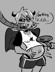 2d_(artwork) belly_expansion black_and_white black_iris dialogue force_feeding hamburger machine midriff panty_straps short_hair shorts sketch succubus succubus_horns succubus_wings t-shirt thegreenthief weight_gain
