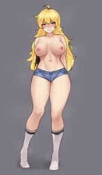 1girls blonde_female blonde_hair bluefield breasts long_hair long_hair_female purple_eyes rwby short_shorts solo_female yang_xiao_long