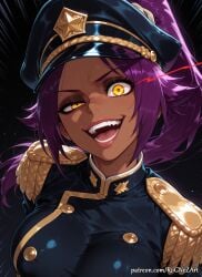 1girl 2026 ai_generated anime black_headwear bleach bleach:_the_thousand-year_blood_war boobs breasts cleavage crossover dark-skinned_female dark_skin epaulettes eye_contact female female_focus glowing hat highres huge_breasts large_breasts long_hair looking_at_viewer military military_hat military_uniform moaning nsfw open_mouth parted_bangs patreon peaked_cap ponytail purple_hair rognezart shihouin_yoruichi smile smiling solo teeth uniform upper_body very_long_hair watermark yellow_eyes