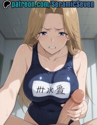 1boy 1boy1girl 1boy1girls 1boys 1girl 1girls 2025 2d ai ai_generated anime anime_style big_breasts blonde blonde-haired_female blonde_female blonde_hair blue_eyes blue_swimsuit cleavage clenched_teeth disgusted female gritting_teeth handjob jerking jerking_off jerkingoff jerkingoff_another large_breasts light-skinned_female light-skinned_male light_skin long_hair looking_at_viewer male male/female male_pov monster_(manga) nina_fortner one-piece_swimsuit pov raised_eyebrow seramic_seven swimsuit