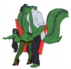 anthro bent_over big_dom_small_sub breasts duo erection faint_(artist) female genderswap humanoid_penis johara_mombasa male mammal muscular nipples penis pussy rule_63 selfcest size_difference skunk square_crossover straight