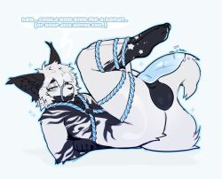 aloe_(kayako) anthro balls bdsm bodily_fluids bondage bound canelitainanutshell dragon erection feet fluffy fluffy_tail genital_fluids genitals hair humanoid_genitalia humanoid_penis male male/male markings mythological_creature mythological_scalie mythology nude_male paws penis scalie solo striped_markings stripes tail white_body