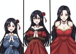 aged_up big_breasts black_hair cleavage curyfromzero dress fur_lined_clothing fur_trim grown_up hair_flower hair_ornament long_hair oc original_character princess re:zero_kara_hajimeru_isekai_seikatsu red_clothing red_eyes smile smiling_at_viewer tagme