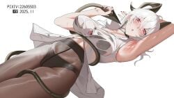 1girl absurdres arm_up armpits black_choker black_horns black_nails black_panties black_pantyhose black_tail blush breasts button_gap choker commentary curled_horns dated demon_tail earrings fingernails grey_hair groin hair_between_eyes hand_up high-waist_pantyhose highres holding_own_tail horns jewelry key_earrings large_breasts long_hair looking_at_viewer lying mole mole_on_breast nail_polish navel no_pants on_back panties panties_under_pantyhose pantyhose parted_lips partially_unbuttoned pixiv_id presenting_own_armpit red_eyes shirt simple_background solo stomach sweat tail tail_wrap underwear wet wet_clothes wet_shirt white_background white_shirt wuthering_waves xiyu_yy zani_(wuthering_waves)