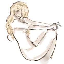 blonde_female blonde_hair breasts breasts_out greek_mythology green_eyes helen_of_troy long_hair looking_at_viewer nude nude_female nudity pale-skinned_female pale_skin sitting small_breasts smile the_epic_cycle thighs trojan_war