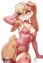 ai_generated anthro bunnygirl lingerie lola_bunny oiled_body oiled_skin stockings wet_skin