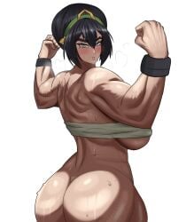 1girls ass avatar_the_last_airbender blush bottomless female flexing katsuboart muscular muscular_female nickelodeon sweat sweaty toph_bei_fong