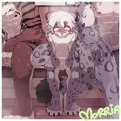 1:1 4_toes abs anthro athletic blush bodily_fluids bottomwear clothing feet felid flaccid foreskin front_view genitals group hair hands_on_legs hands_on_thighs head_down hi_res kemono loincloth male mammal morria_a nervous nude pantherine penis sauna side_by_side signature sitting size_difference snow_leopard sweat tiger toes trio unretracted_foreskin white_hair
