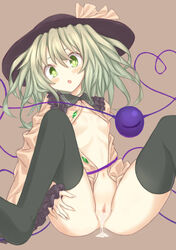 :o after_sex after_vaginal bangs black_hat black_legwear blush bottomless bow breasts bright_pupils censored cum cum_in_pussy cumdrip female frilled_shirt_collar frills green_eyes green_hair hair_ribbon hand_on_thigh hat hat_bow head_tilt heart heart_of_string highres invisible_chair koishi_komeiji long_hair long_sleeves looking_at_viewer mosaic_censoring navel nipples no_bra open_clothes open_mouth open_shirt pussy ribbon shirt sitting small_breasts solo spread_legs stomach string tareme thighhighs third_eye_(touhou) touhou unbuttoned uninasubi yellow_bow yellow_shirt