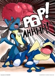 anal anal_sex anus balls blue_balls colored comic duo edit english_text erection fur gaping gaping_anus greninja heart highres kivwolf knot knotting lucario male nintendo open_mouth outdoors penetration penis pokemon pokemon_(species) red_eyes redoxx sex shocked text yaoi