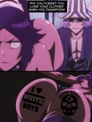 2k anime ass ass_focus bleach bleach:_the_thousand-year_blood_war bleached comic comic_page dark-skinned_female light-skinned_male purple_hair queen_of_hearts raceplay shihouin_yoruichi tattoo tattoos text wedgie yoruichi_shihouin zindabad