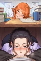 1boy 2girls ai_generated all_fours all_the_way_to_the_base big_ass big_breasts blowjob boruto:_naruto_next_generations deepthroat looking_at_viewer milf nami_(one_piece) nico_robin office one_piece pov sexy under_the_table uzumaki_boruto
